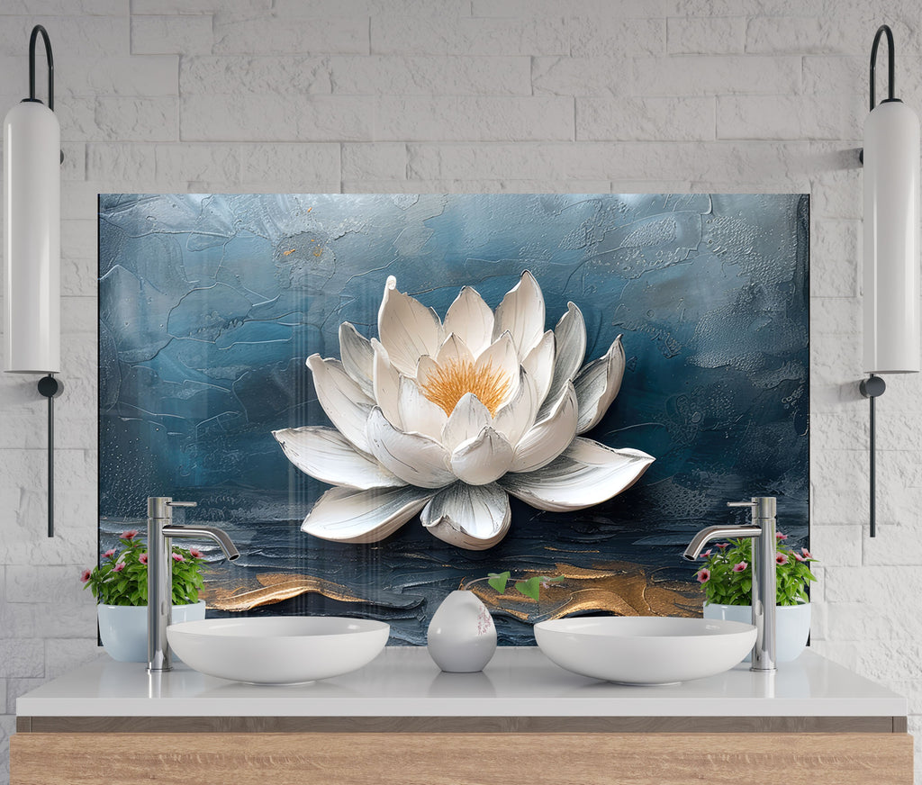 Serene Lotus Blossom - Glass Kitchen Backsplash-BacksplashArtworks