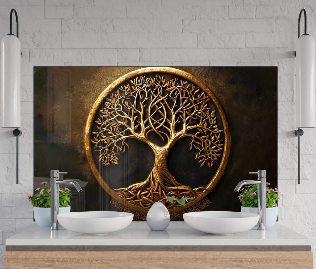 Gold & Brown Tree of Life - Glass Kitchen Backsplash-BacksplashArtworks