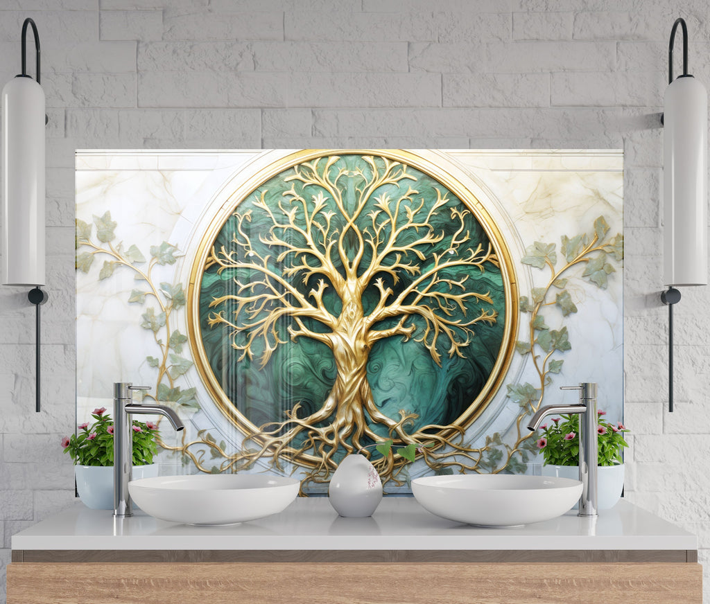 Golden & Green Tree of Life - Glass Kitchen Backsplash-BacksplashArtworks