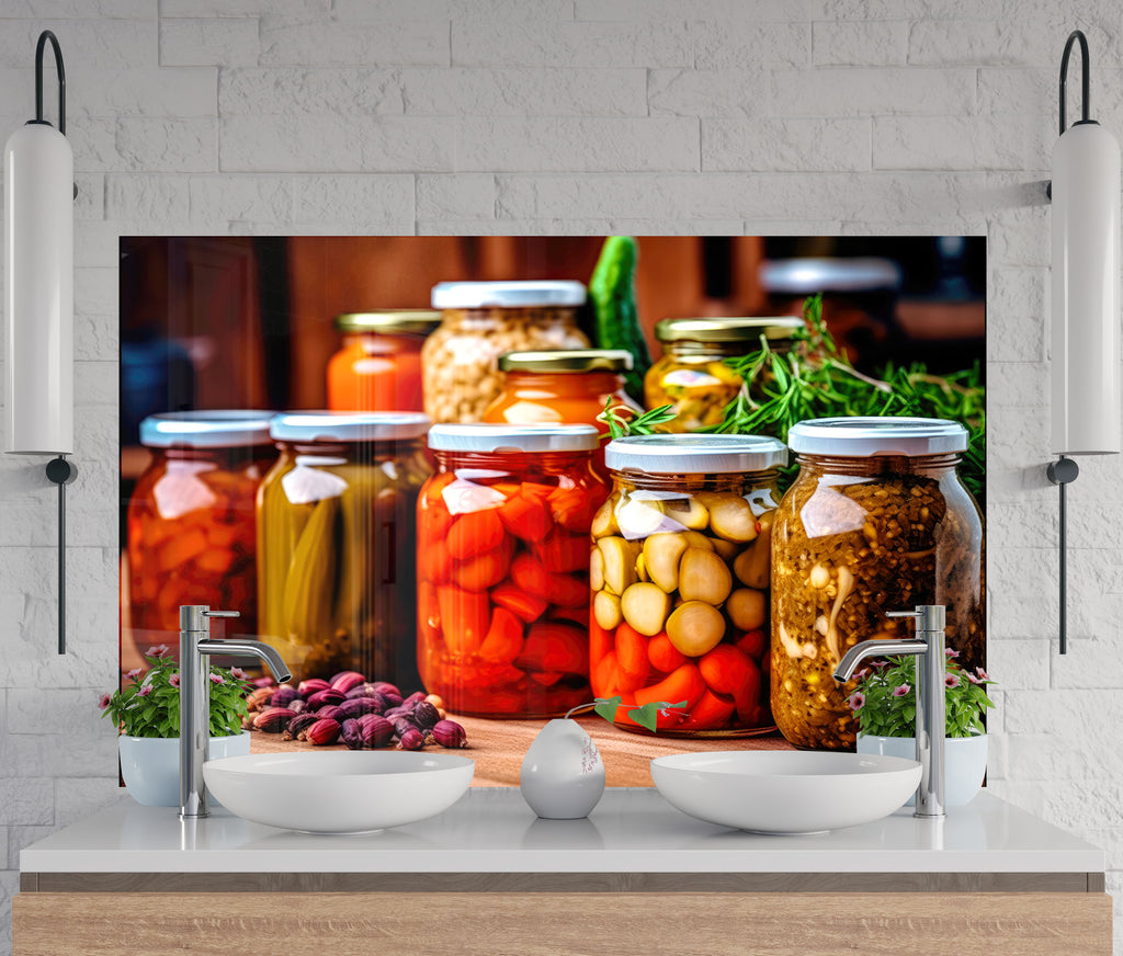Rustic Pickled Pantry – Glass Kitchen Backsplash-BacksplashArtworks