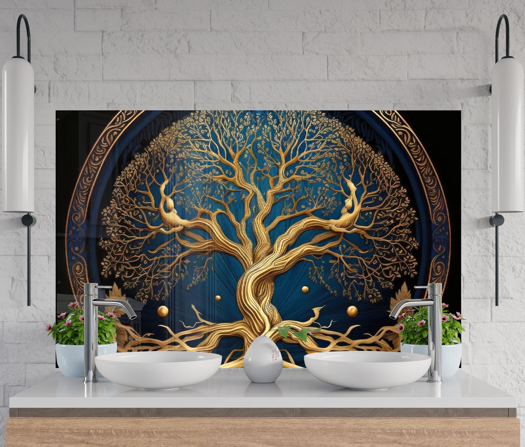 Golden Tree of Life - Tempered Glass Kitchen Backsplash-BacksplashArtworks