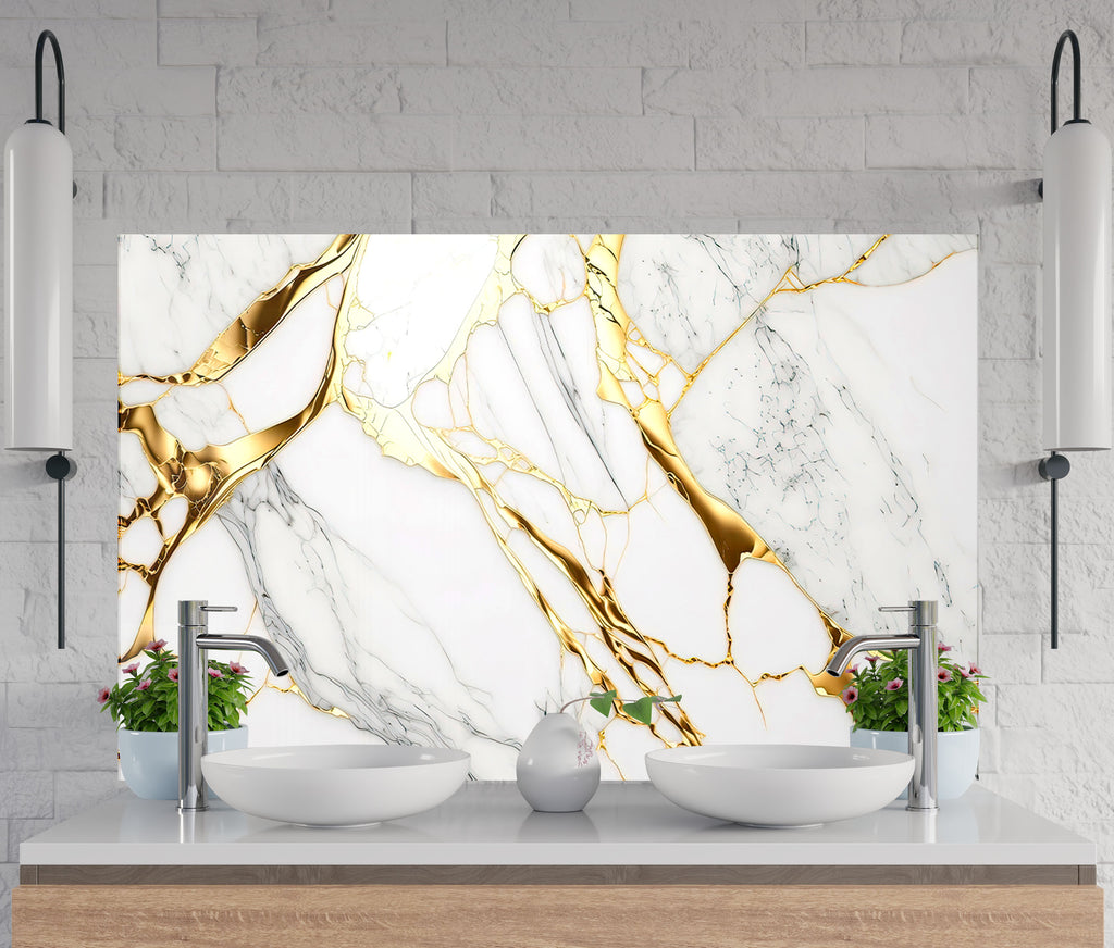 White & Gold Marble Elegance - Glass Kitchen Backsplash-BacksplashArtworks