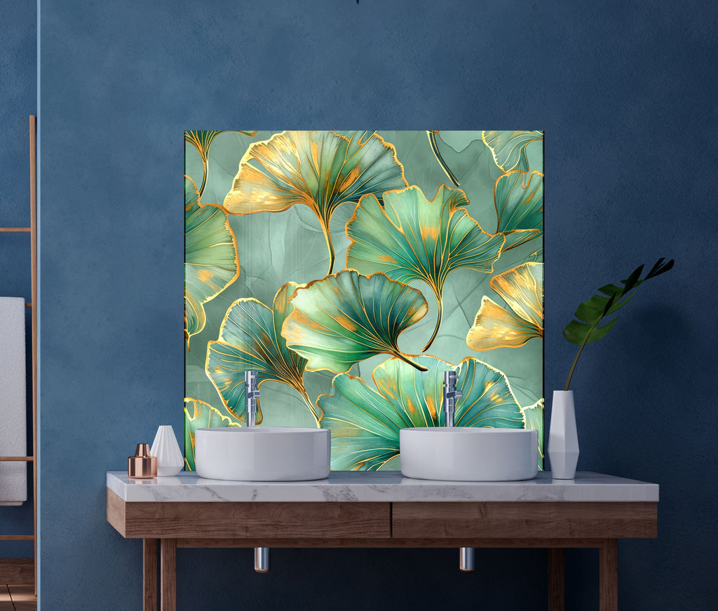 Golden Ginkgo Leaves - Glass Kitchen Backsplash-BacksplashArtworks