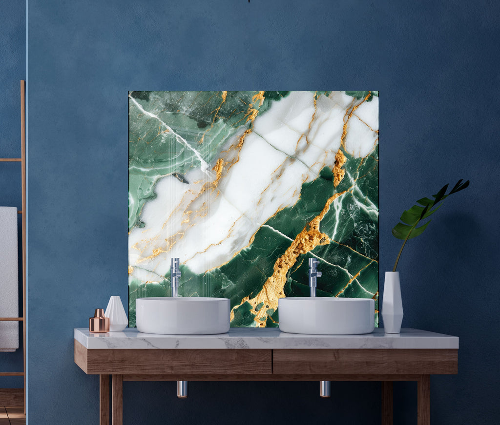 Green & White Gold Vein Marble - Glass Kitchen Backsplash-BacksplashArtworks