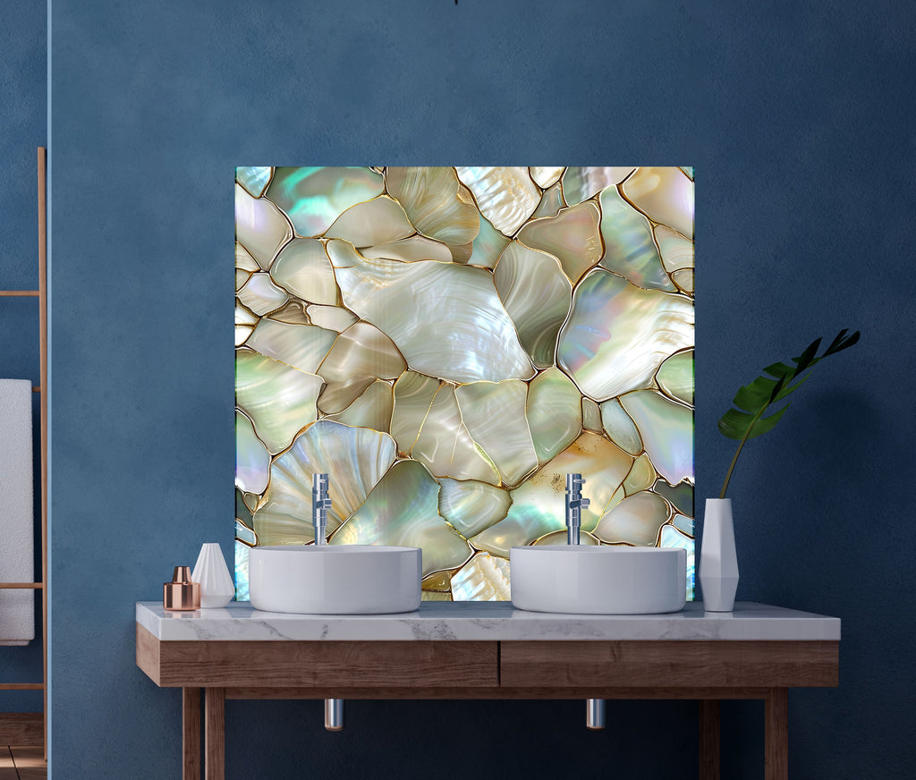 Pearlescent White & Gold - Glass Kitchen Backsplash-BacksplashArtworks