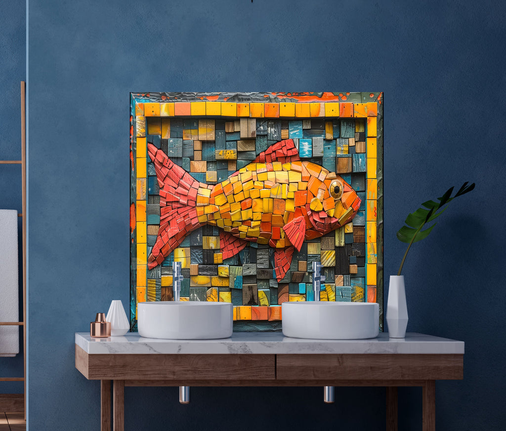 Vibrant Fish Mosaic Glass Kitchen Backsplash with Bold Color Design-BacksplashArtworks