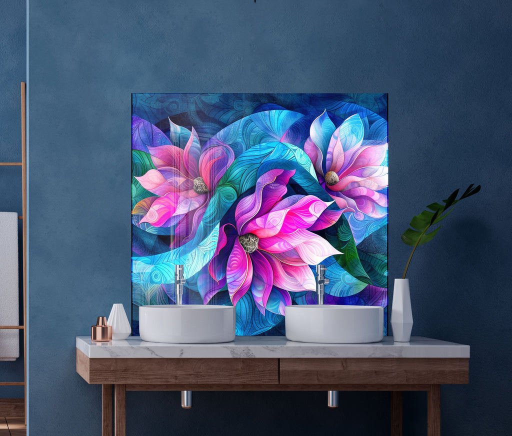 Vibrant Floral Harmony - Glass Kitchen Backsplash-BacksplashArtworks