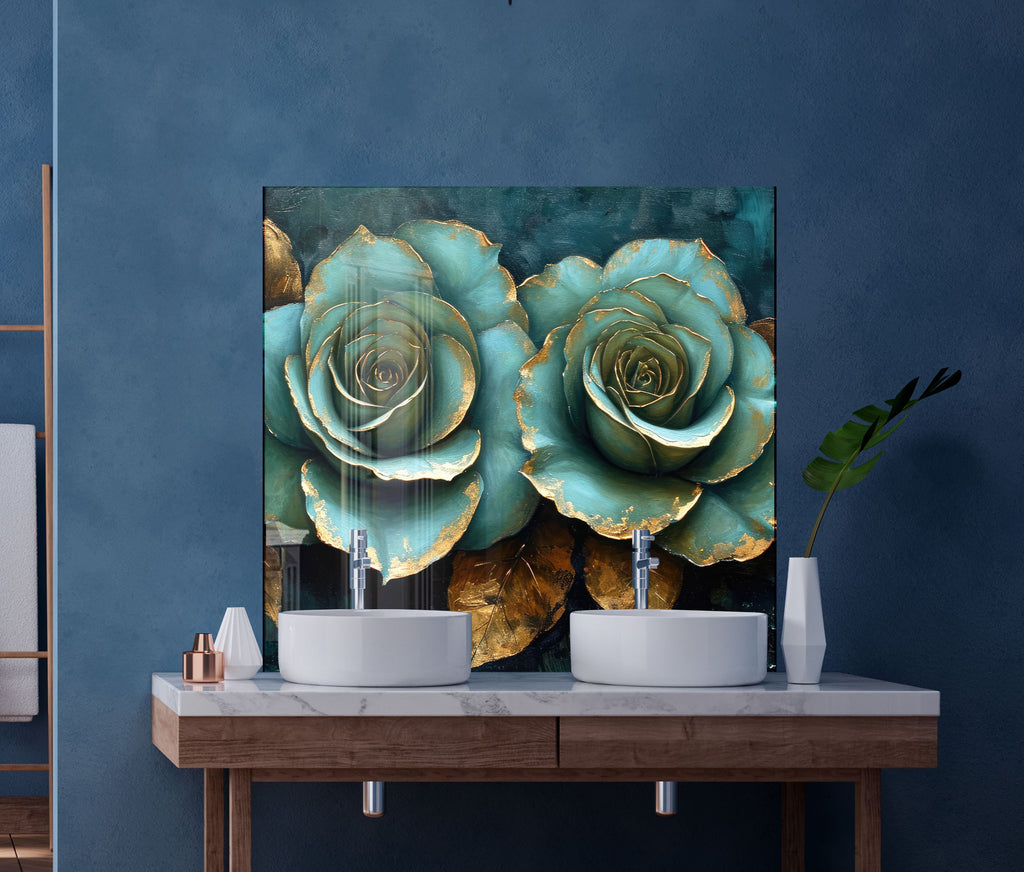 Golden Teal Roses - Glass Kitchen Backsplash-BacksplashArtworks