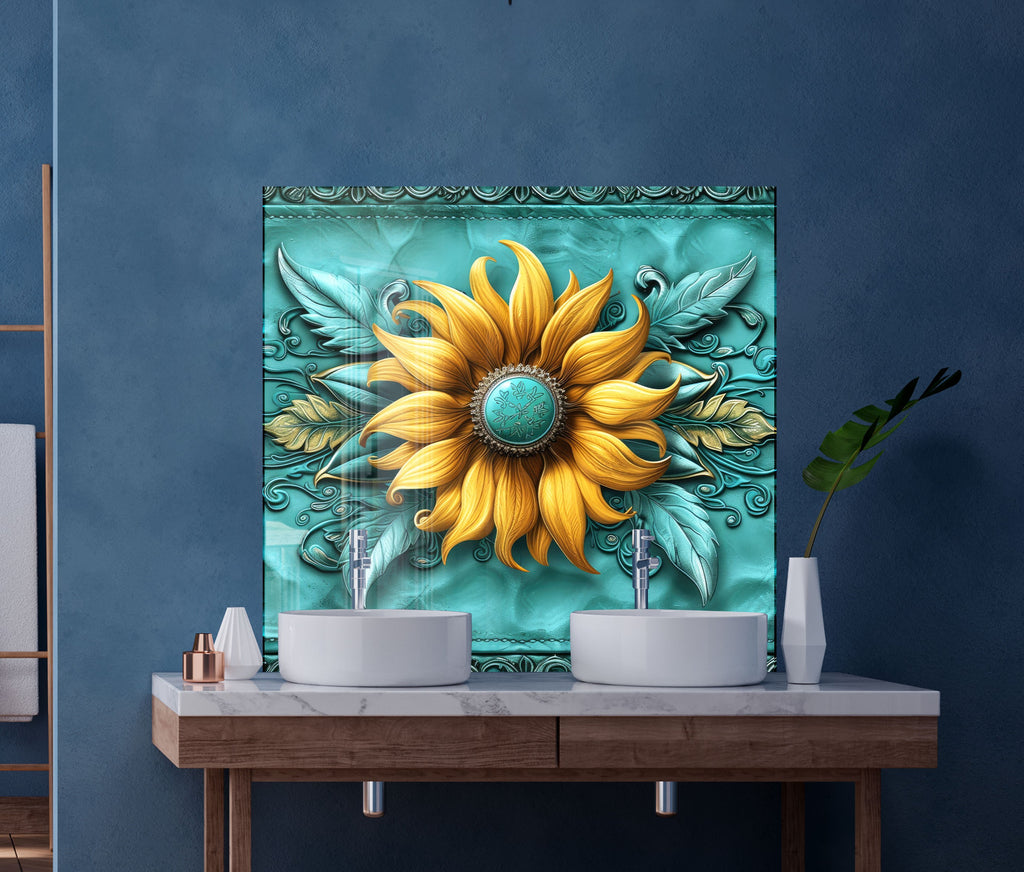 Golden Sunflower Elegance - Glass Kitchen Backsplash-BacksplashArtworks