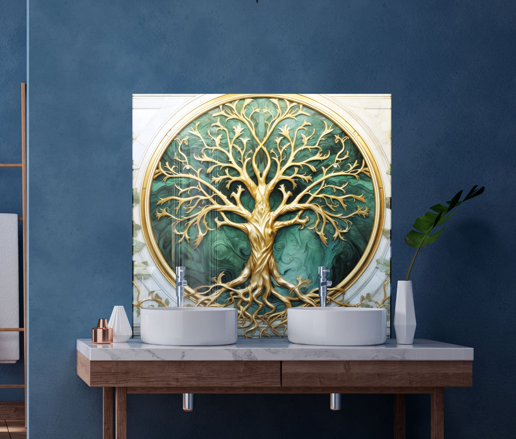 Golden & Green Tree of Life - Glass Kitchen Backsplash-BacksplashArtworks