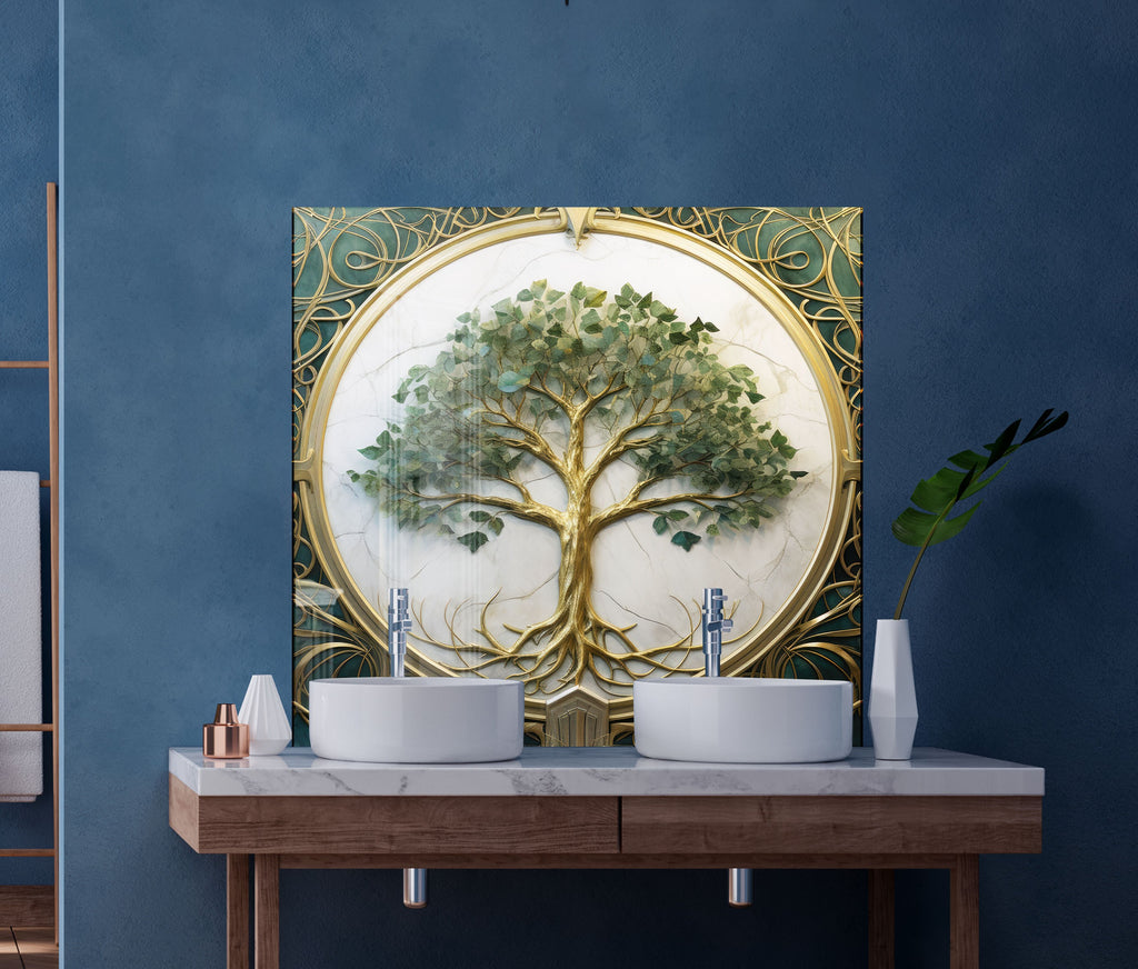 Green & White Life of Tree - Glass Kitchen Backsplash-BacksplashArtworks