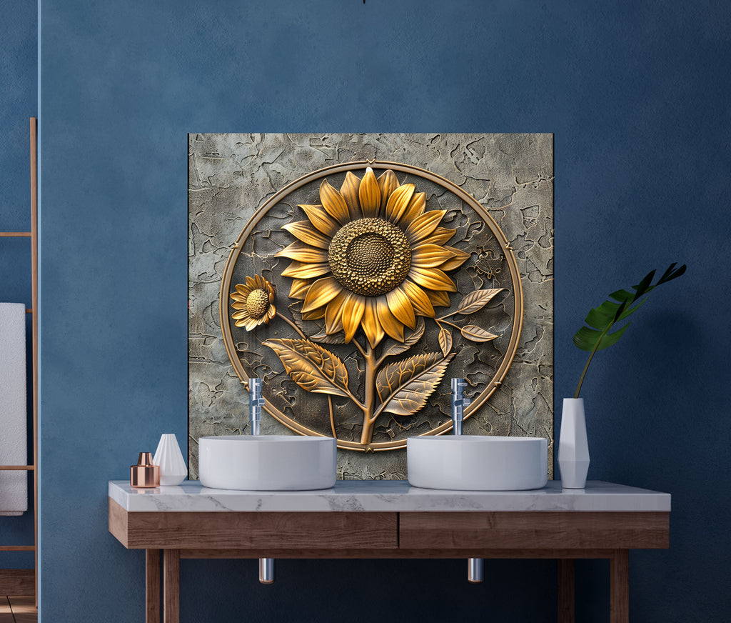 Rustic Sunflower Emblem - Glass Kitchen Backsplash-BacksplashArtworks