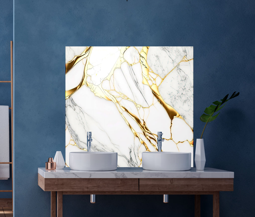 White & Gold Marble Elegance - Glass Kitchen Backsplash-BacksplashArtworks