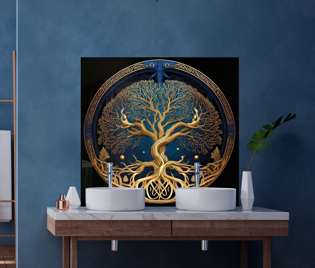 Golden Tree of Life - Tempered Glass Kitchen Backsplash-BacksplashArtworks