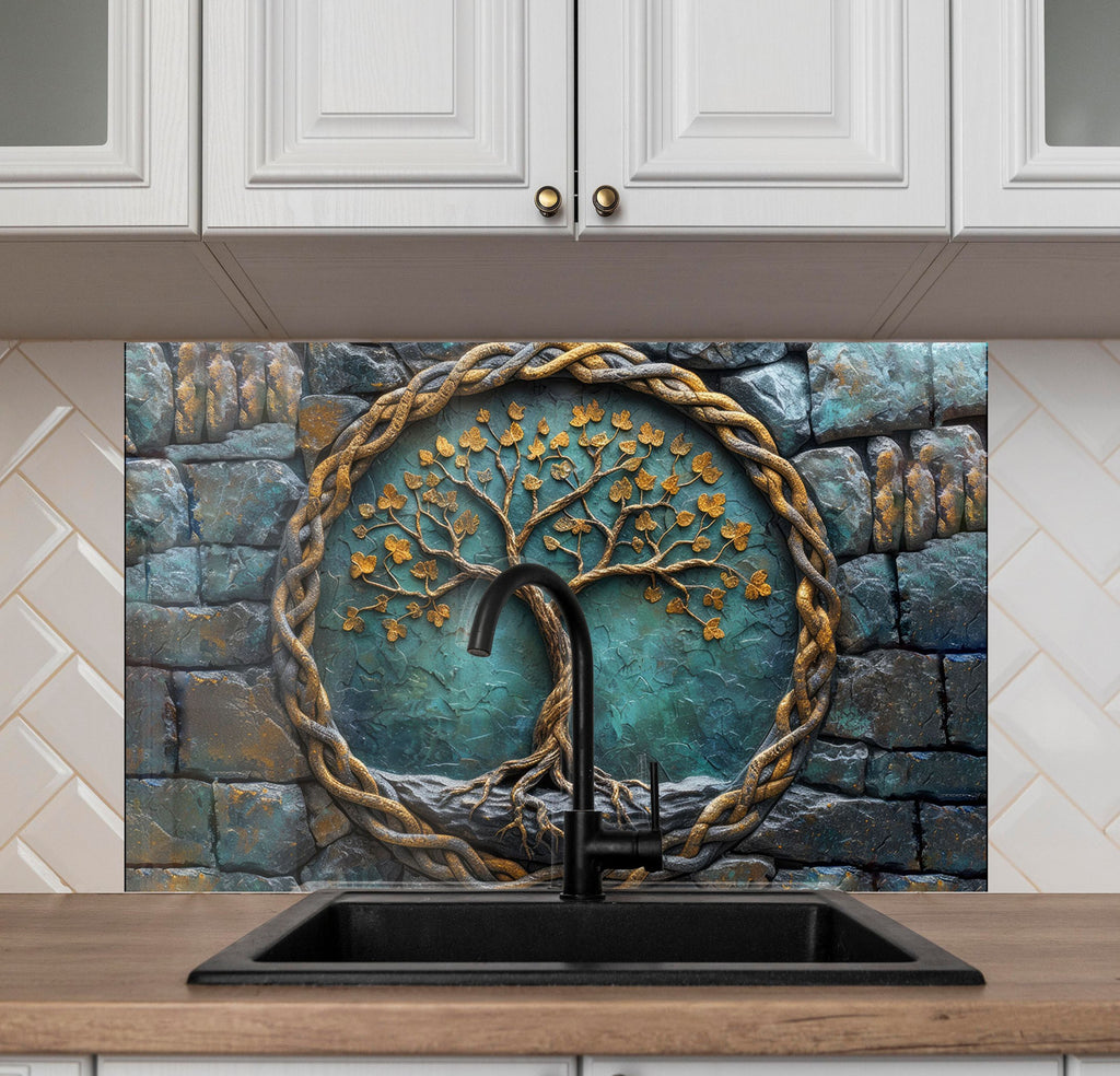 Ancient Wisdom Tree - Glass Kitchen Backsplash-BacksplashArtworks