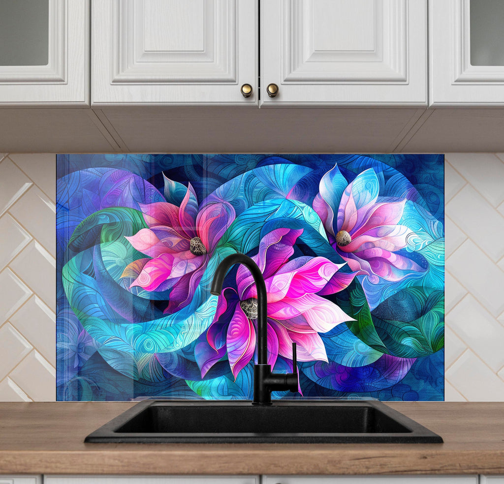 Vibrant Floral Harmony - Glass Kitchen Backsplash-BacksplashArtworks