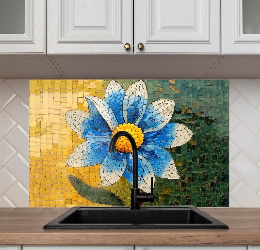 Mosaic Blue Blossom - Glass Kitchen Backsplash-BacksplashArtworks
