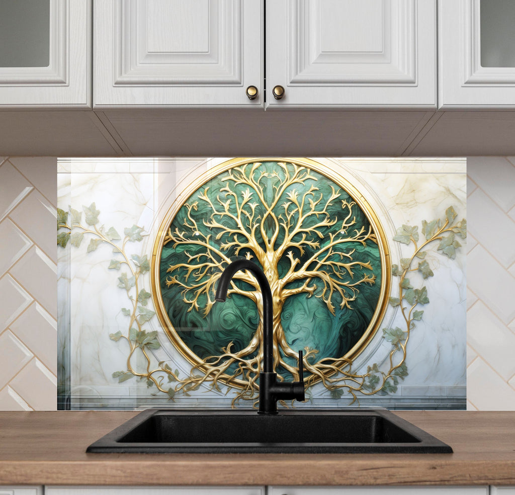 Golden & Green Tree of Life - Glass Kitchen Backsplash-BacksplashArtworks