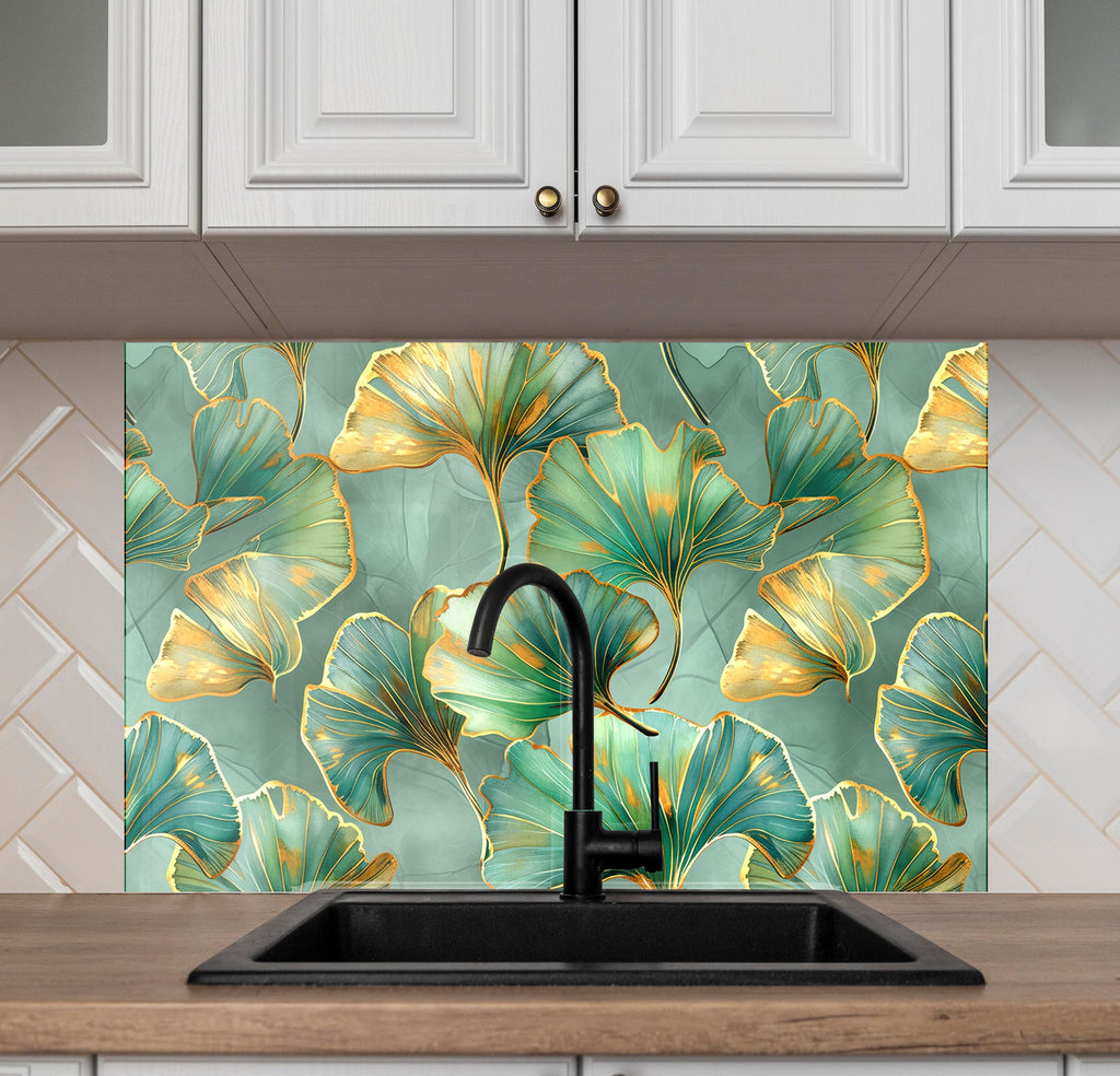 Golden Ginkgo Leaves - Glass Kitchen Backsplash-BacksplashArtworks