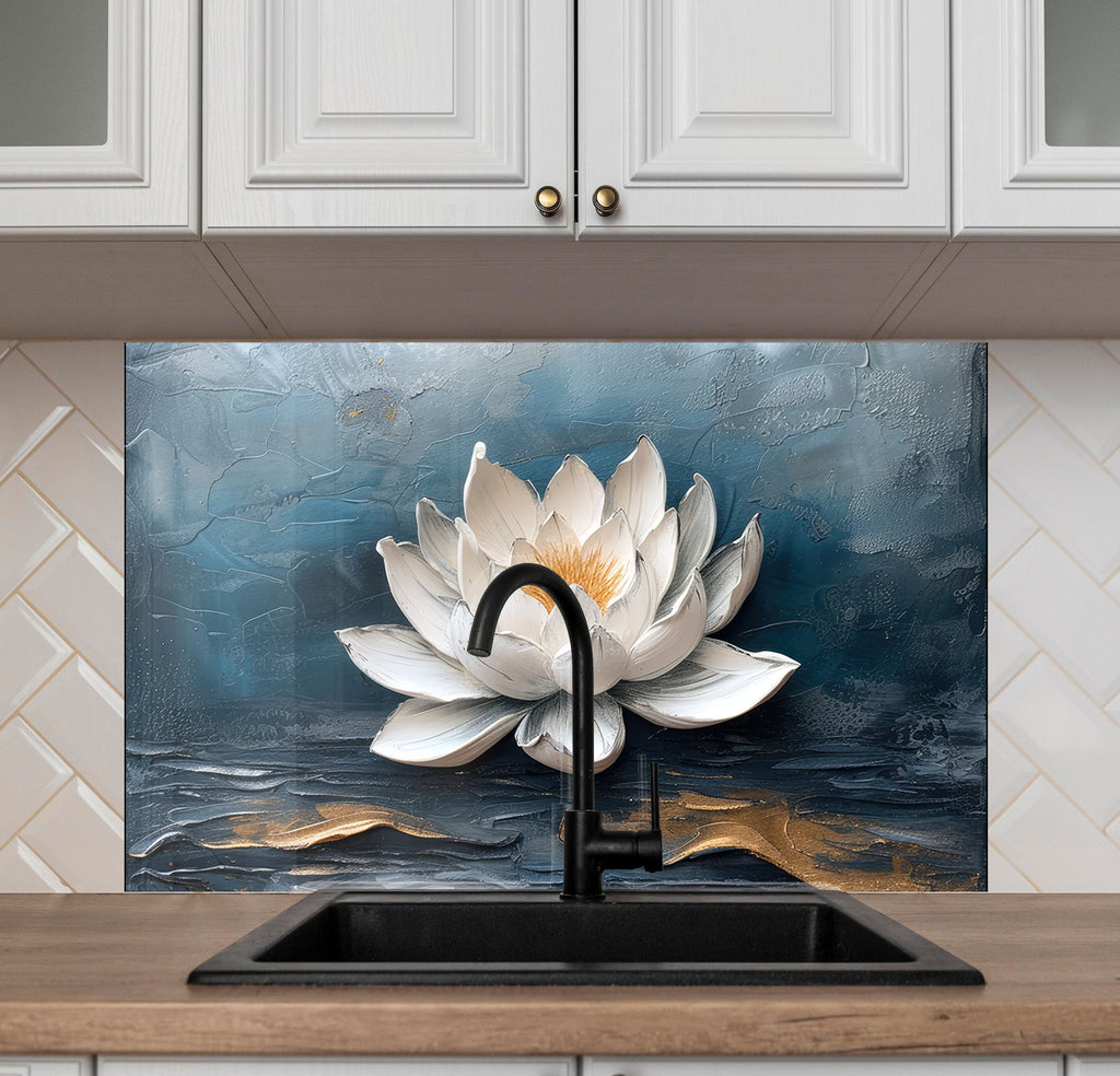 Serene Lotus Blossom - Glass Kitchen Backsplash-BacksplashArtworks