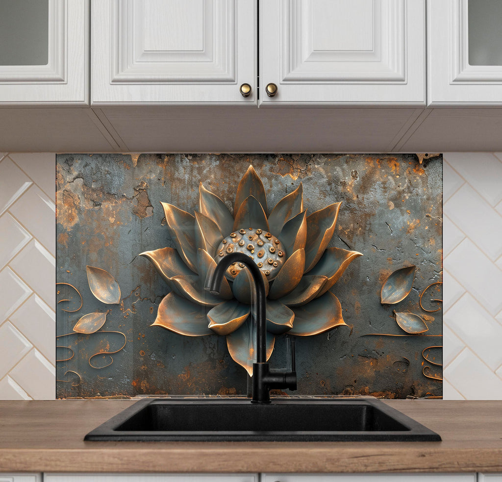 Rustic Lotus Blossom - Glass Kitchen Backsplash-BacksplashArtworks
