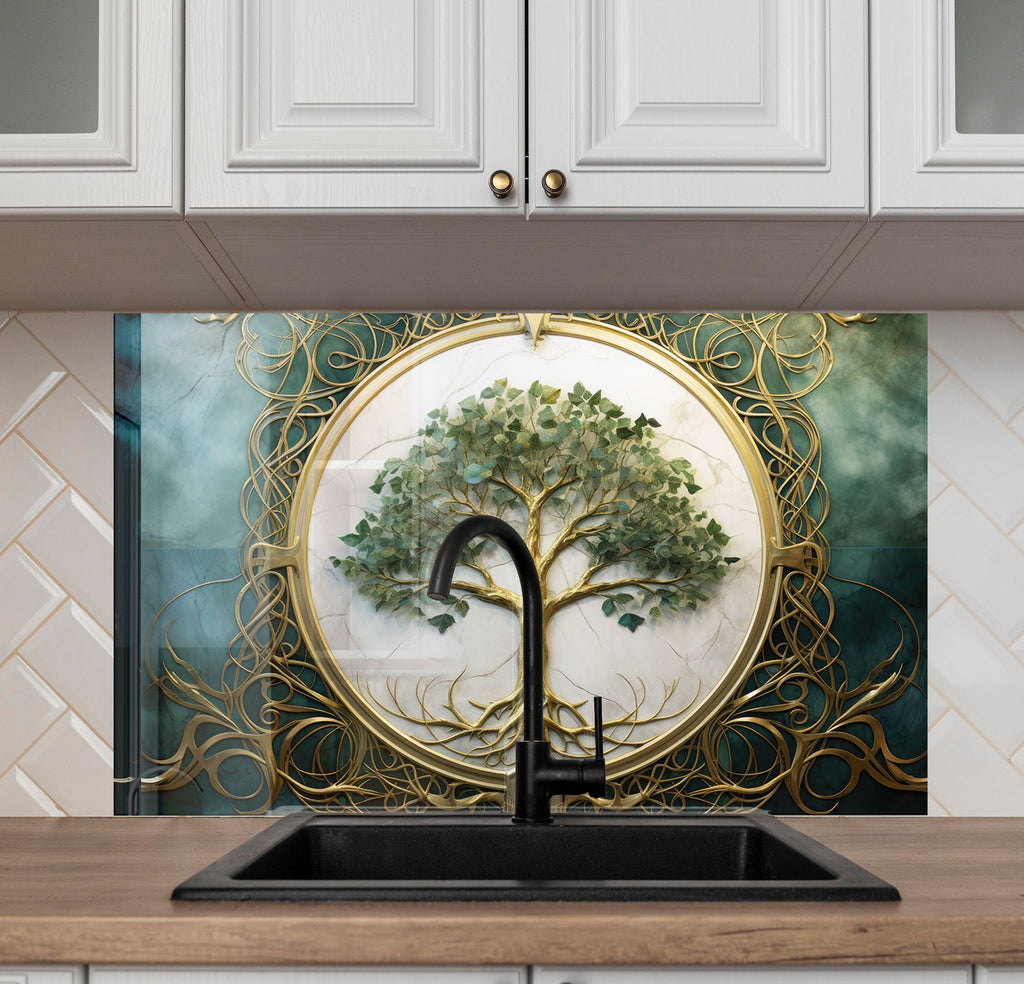 Green & White Life of Tree - Glass Kitchen Backsplash-BacksplashArtworks