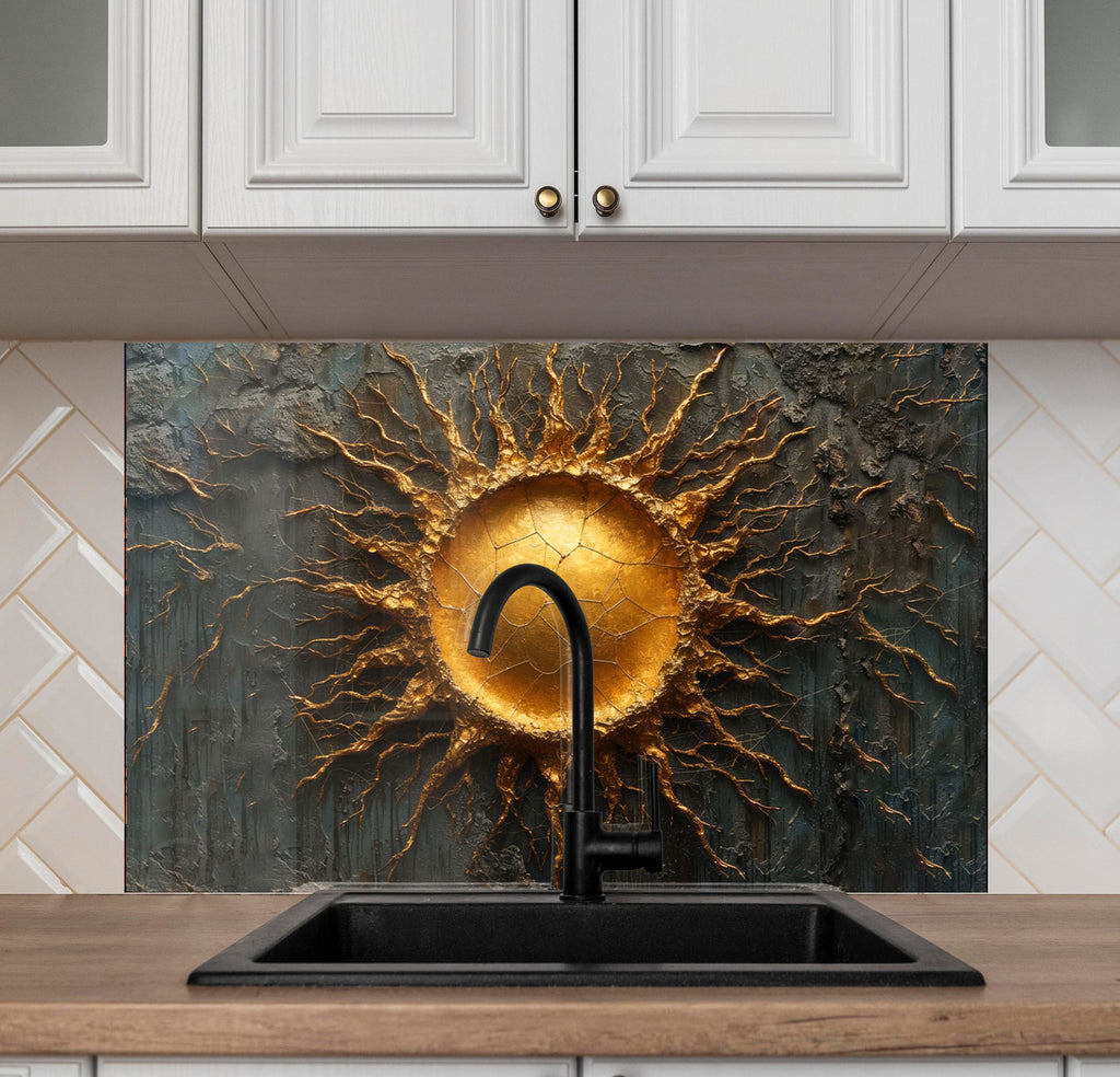 Golden Sunburst - Glass Kitchen Backsplash-BacksplashArtworks