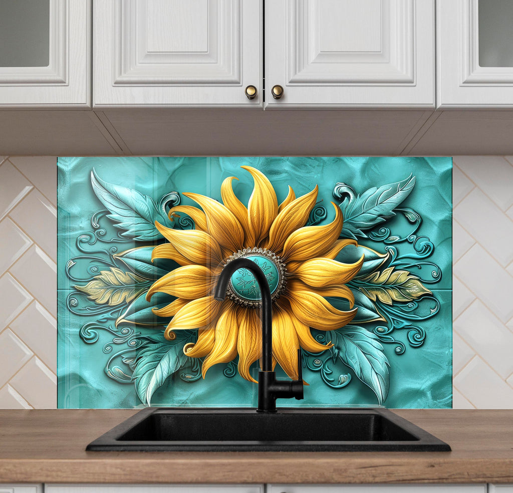 Golden Sunflower Elegance - Glass Kitchen Backsplash-BacksplashArtworks