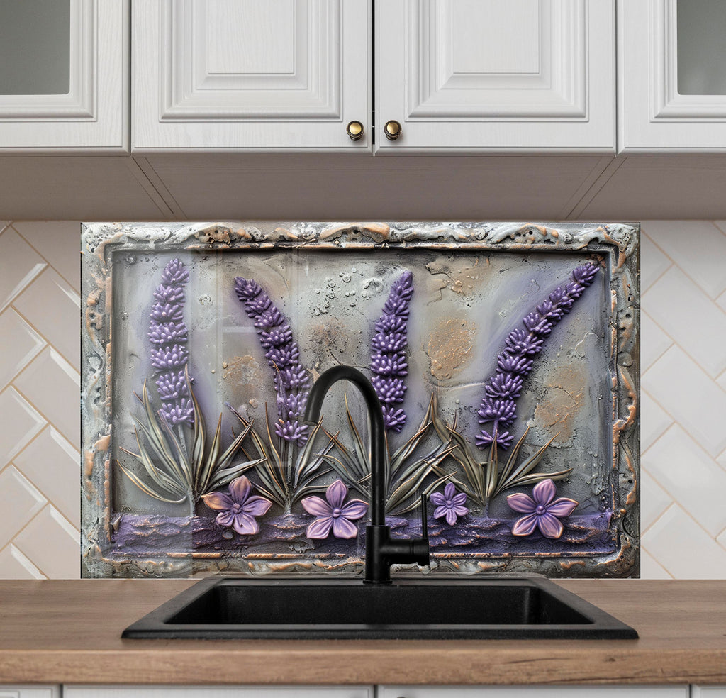 Rustic Lavender Garden - Glass Kitchen Backsplash-BacksplashArtworks