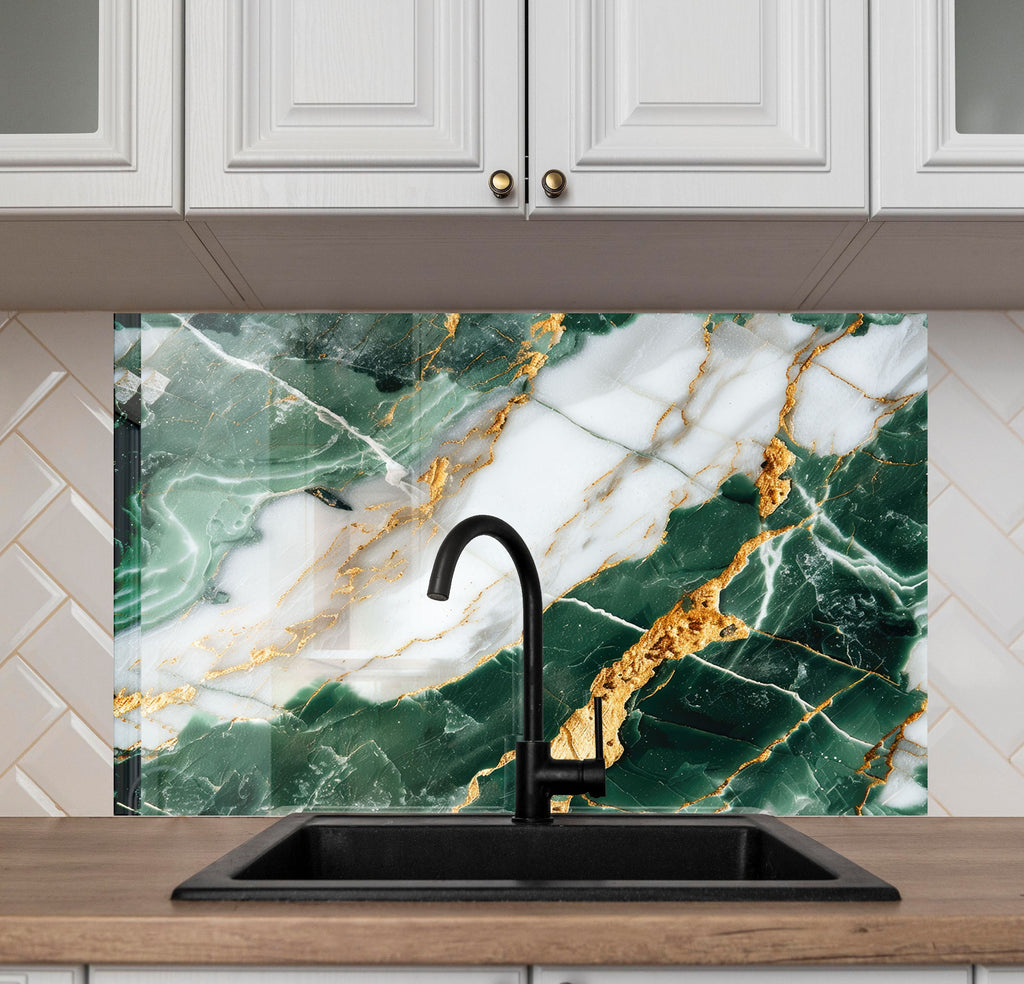Green & White Gold Vein Marble - Glass Kitchen Backsplash-BacksplashArtworks