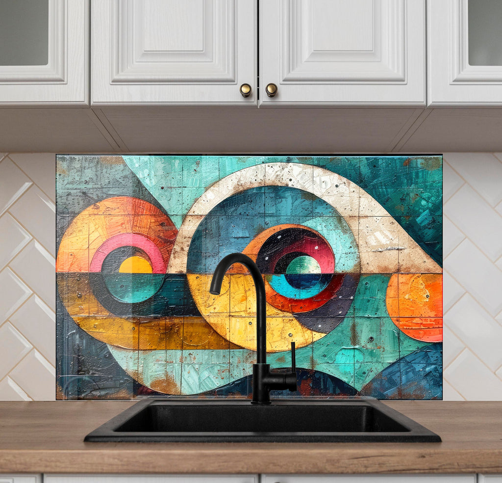 Mosaic Tempered Glass Kitchen Backsplash with Abstract Art Design-BacksplashArtworks