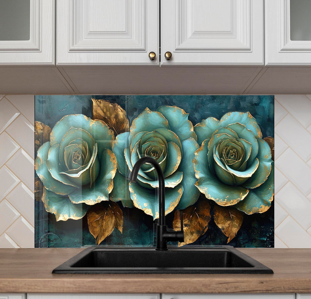 Golden Teal Roses - Glass Kitchen Backsplash-BacksplashArtworks