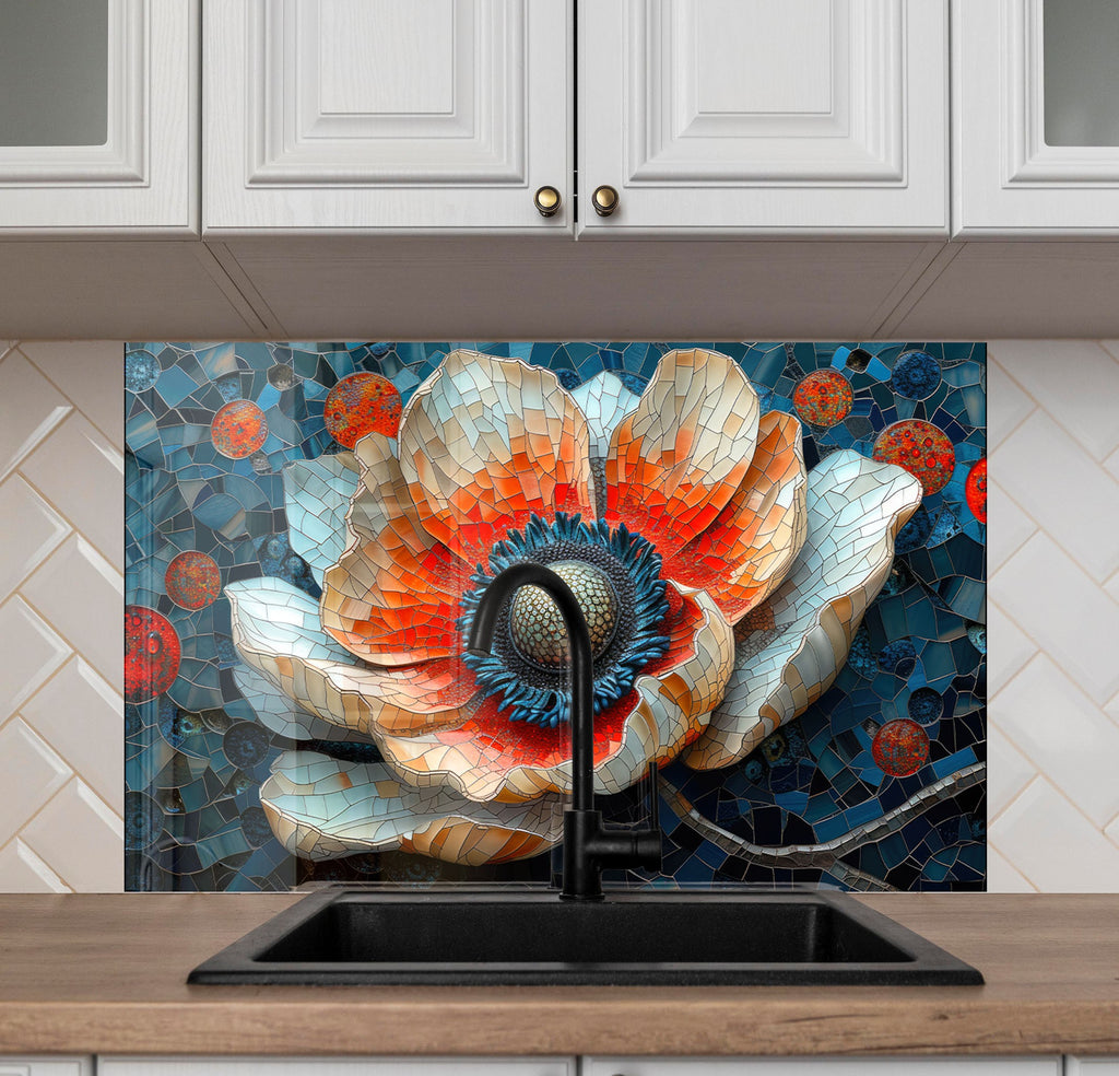 Mosaic Poppy Flower Art - Glass Kitchen Backsplash-BacksplashArtworks