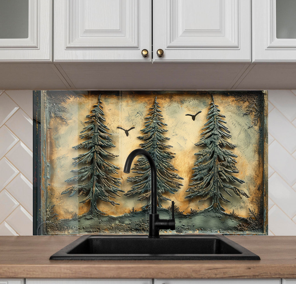 Rustic Forest Trees Wall Art - Tempered Glass Kitchen Backsplash-BacksplashArtworks