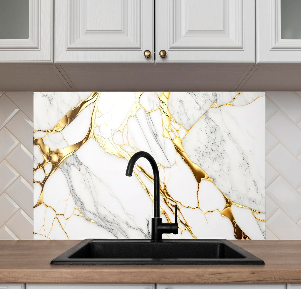 White & Gold Marble Elegance - Glass Kitchen Backsplash-BacksplashArtworks