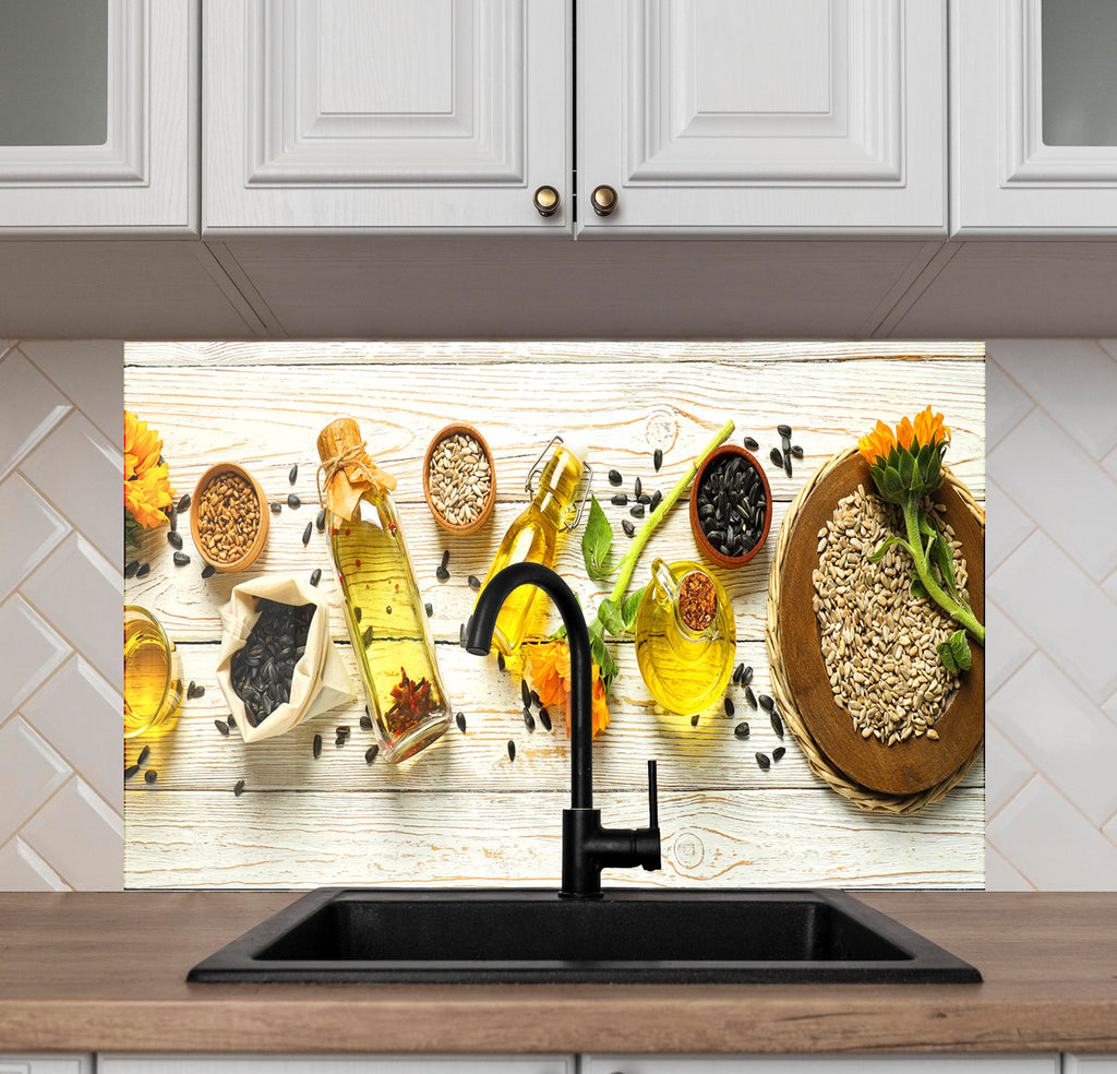 Sunflower Oil Harvest – Glass Kitchen Backsplash-BacksplashArtworks