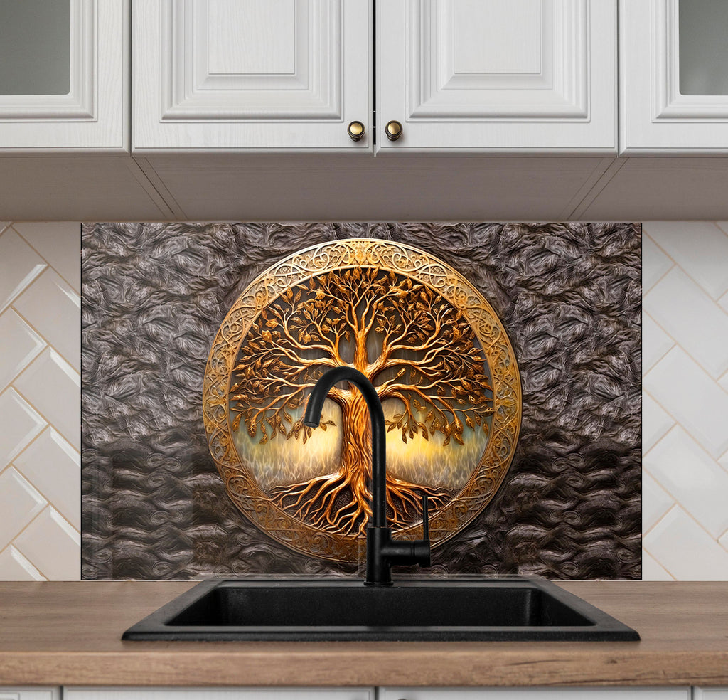 Golden Life of Tree - Tempered Glass Kitchen Backsplash-BacksplashArtworks