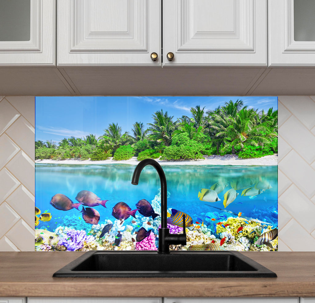 Vibrant Coral Reef Aquarium Glass Kitchen Backsplash – Tropical Fish Scene-BacksplashArtworks