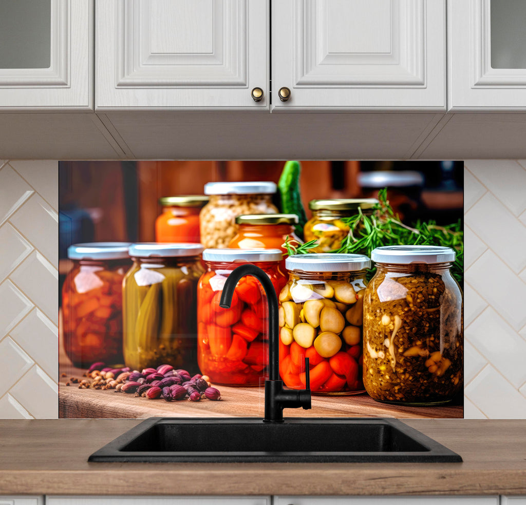 Rustic Pickled Pantry – Glass Kitchen Backsplash-BacksplashArtworks
