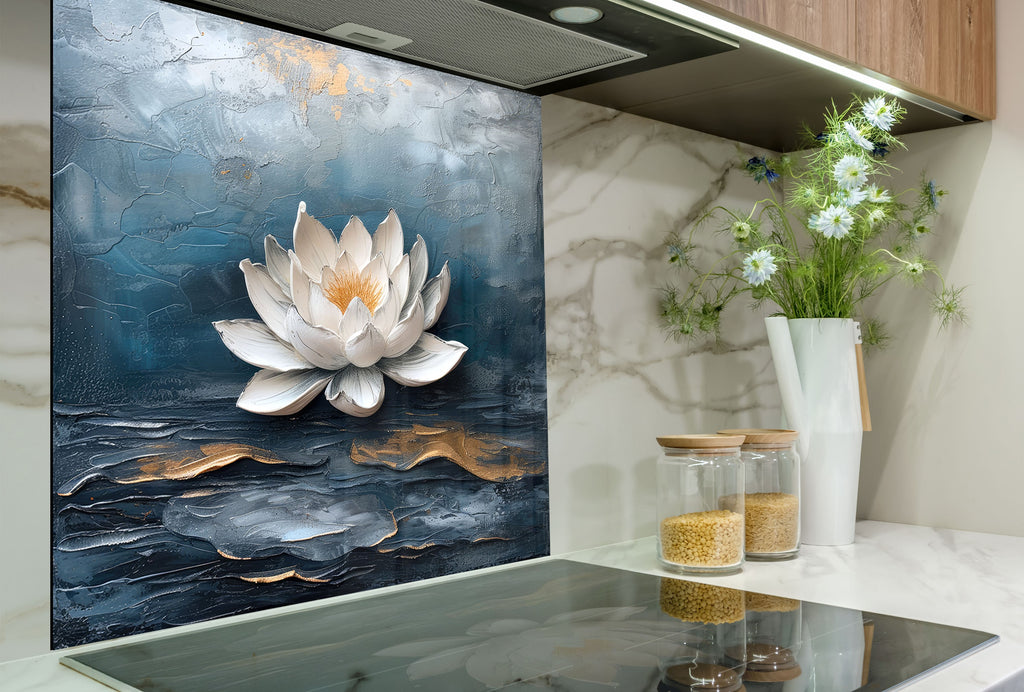 Serene Lotus Blossom - Glass Kitchen Backsplash-BacksplashArtworks