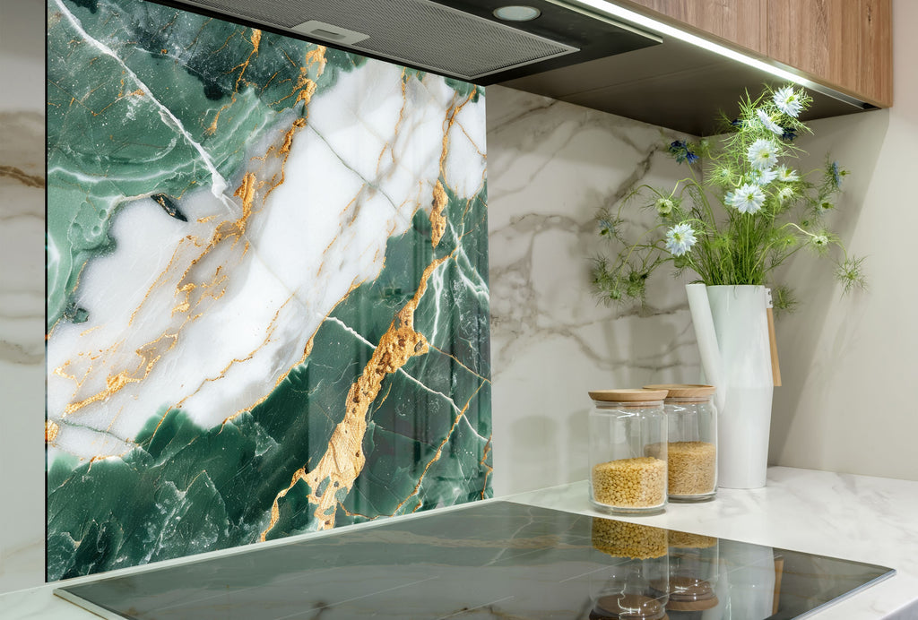 Green & White Gold Vein Marble - Glass Kitchen Backsplash-BacksplashArtworks