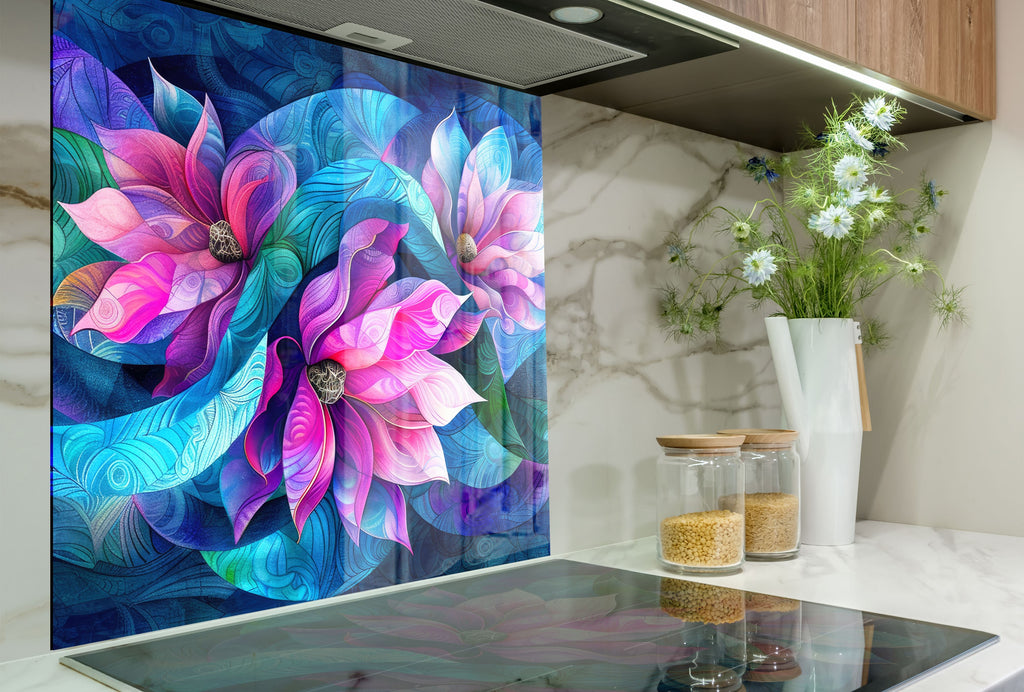 Vibrant Floral Harmony - Glass Kitchen Backsplash-BacksplashArtworks