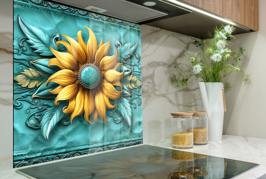 Golden Sunflower Elegance - Glass Kitchen Backsplash-BacksplashArtworks