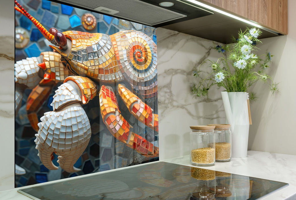 Mosaic Tempered Glass Kitchen Backsplash with Colorful Crab Design-BacksplashArtworks