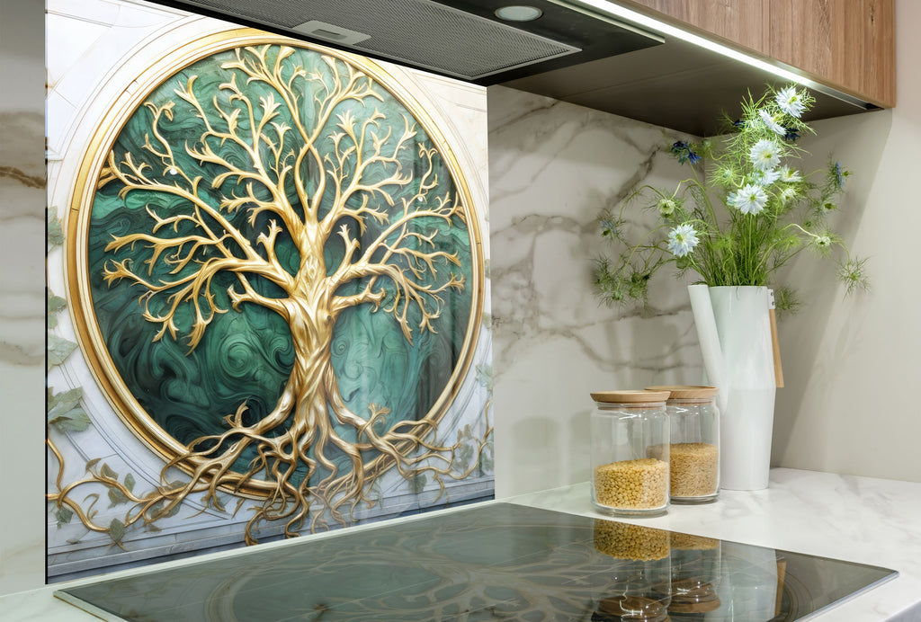 Golden & Green Tree of Life - Glass Kitchen Backsplash-BacksplashArtworks