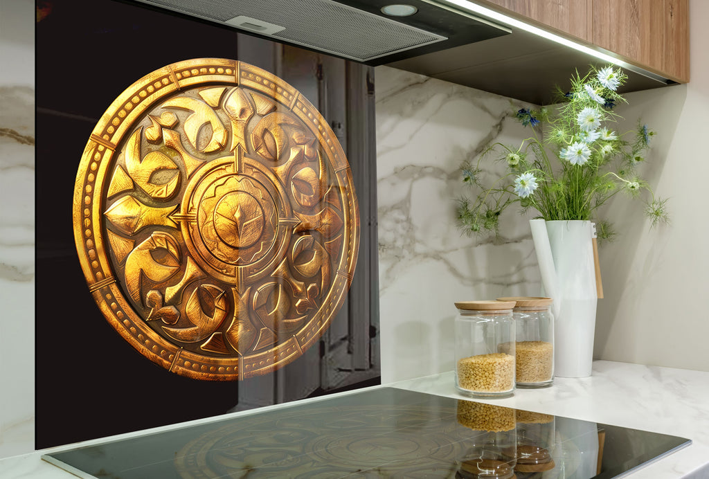 Golden Medallion - Glass Kitchen Backsplash-BacksplashArtworks
