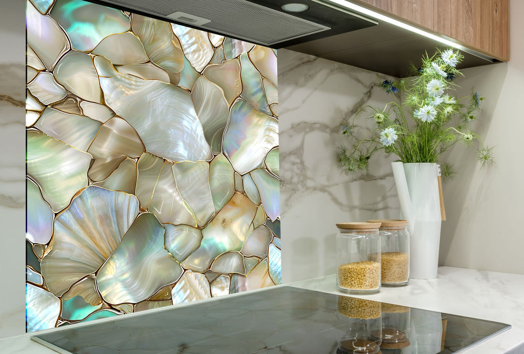 Pearlescent White & Gold - Glass Kitchen Backsplash-BacksplashArtworks