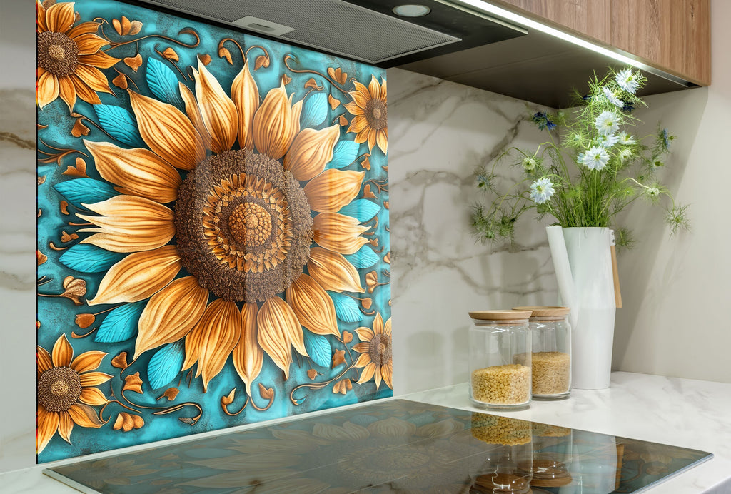 Rustic Sunflower Charm - Glass Kitchen Backsplash-BacksplashArtworks