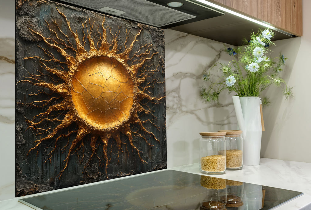 Golden Sunburst - Glass Kitchen Backsplash-BacksplashArtworks