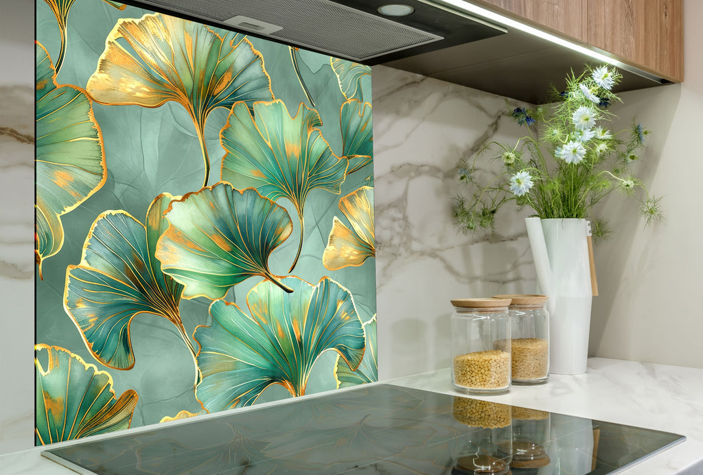 Golden Ginkgo Leaves - Glass Kitchen Backsplash-BacksplashArtworks